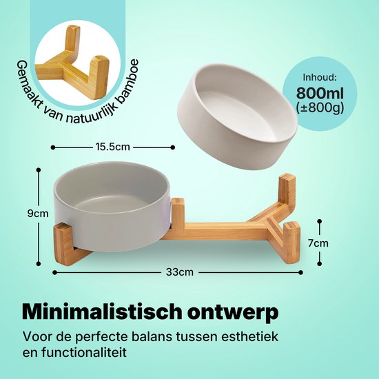 Jake and Jacky Feeding Bowl Dog and Cat Ceramic - Double Feeders with Stand - Drinking bowl - 2x 800 mL - Grey