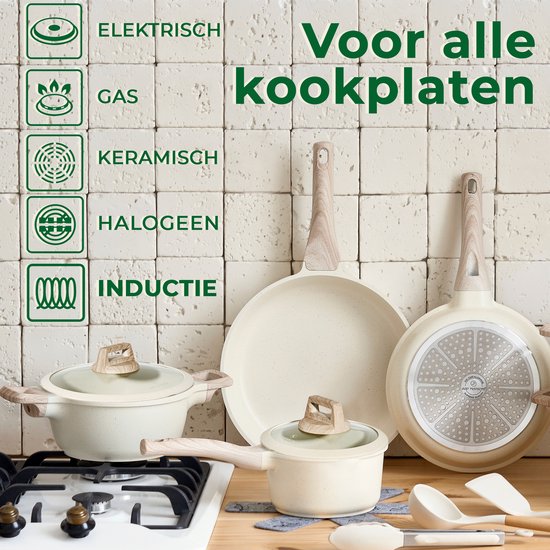 Just Perfecto 14 Piece Induction Cookware Set - Beige Cookware Set With Lid For Gas and Induction - PFAS free - Cold grips