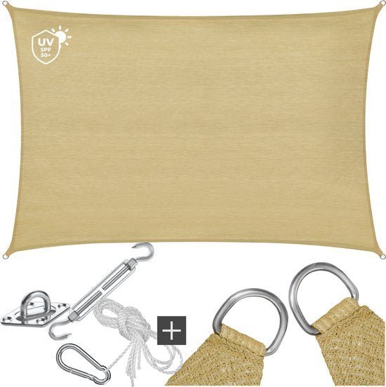 tectake® Toile d'ombrage rectangulaire Sunny - 5 x 7 m - Toile d'ombrage extra robuste en HDPE 185 g/m² - Protection UV 50+ - Résistant aux intempéries et à la déchirure - Parasol pour jardin, balcon, terrasse - Parasol avec matériel de fixation - Couleur