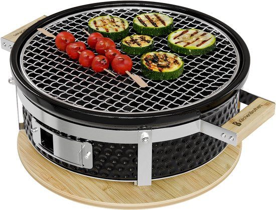 KitchenBrothers Kamado Hibachi Grill - Sans PFAS - Barbecue au charbon de bois - Shichirin Table Grill - Round BBQ - Barbecue en céramique - Noir