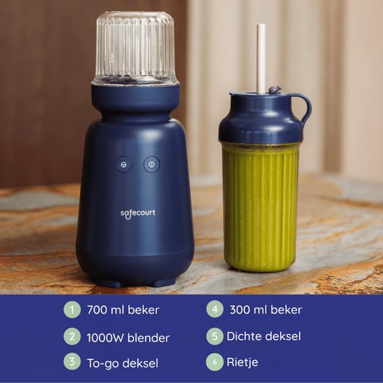 Safecourt Kitchen PureBlend - 1000W Smoothie maker - BPA free - includes to-go drinking lid + straw- Premium Tritan blend cups - Blue
