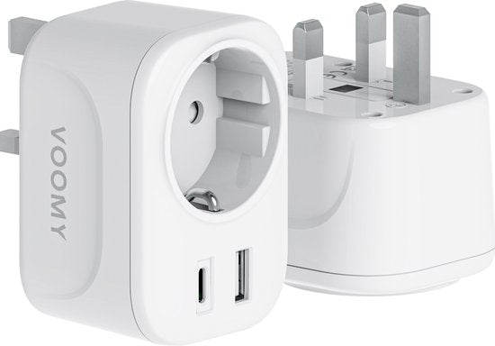 Voomy Travel plug UK/UK - USB-C & USB-A - Prise mondiale de type G - Blanc