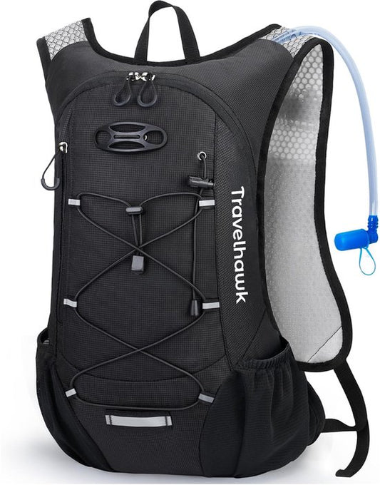 Travelhawk Sac à dos pour boire - Sac à dos de course à pied - Convient aux sacs à eau de 2L - Hydrofuge, léger, réfléchissant - 12L - Noir