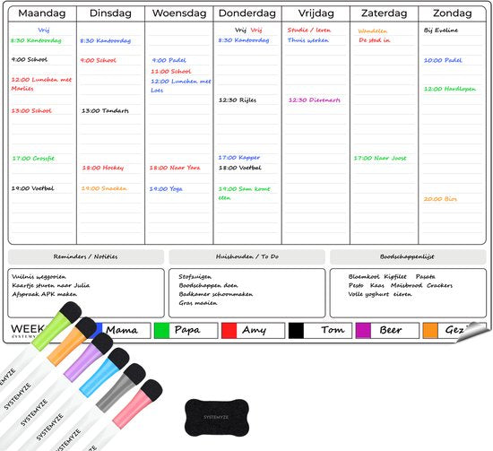 Systemyze Week Planner Whiteboard - Tableau de planning magnétique - Planning mensuel magnétique - Avec marqueurs et gomme - Format A3