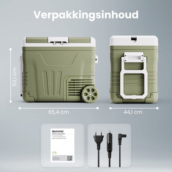 Auronic Electric Cool Box - Compresseur - 2 Zones - 45L - 12/24V et 240V - Réfrigération et congélation - Réfrigérateur de camping - Frigobox Auto - Avec roues et poignée - Vert