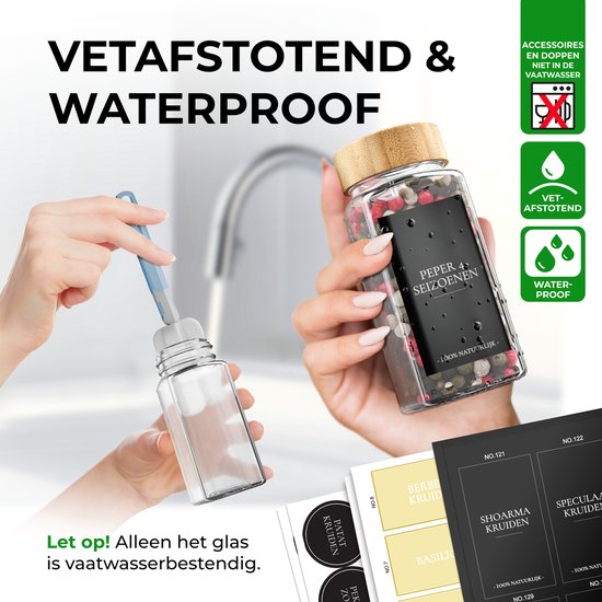 Soothe 24 pots à épices carrés en verre avec couvercle en bambou - 2 types de couvercles à saupoudrer - Spice Spreader - pots à épices - Set complet avec stickers à épices, stick à craie et accessoires - 120ml