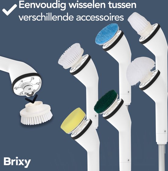 Brosse de nettoyage électrique Brixy - Brosse à récurer extensible - Sans fil - 8 accessoires - Brosse à récurer - Blanc