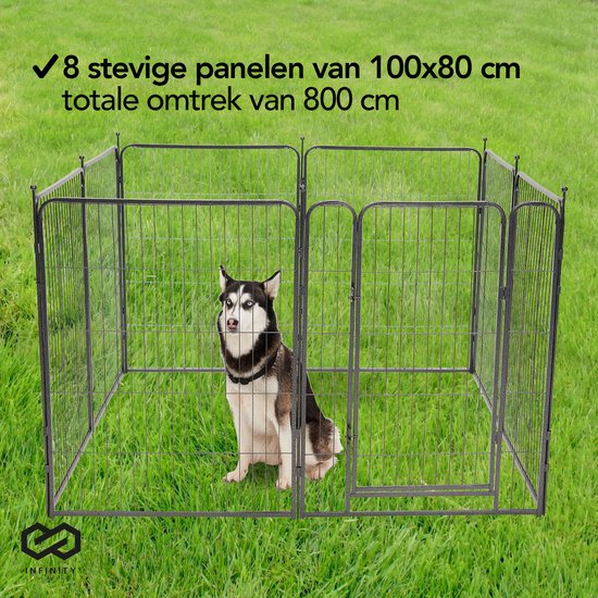 Infinity Goods Parc à chiens - Parc à chiots - 8 panneaux - 100 x 80 CM - pliable - avec porte - acier - noir