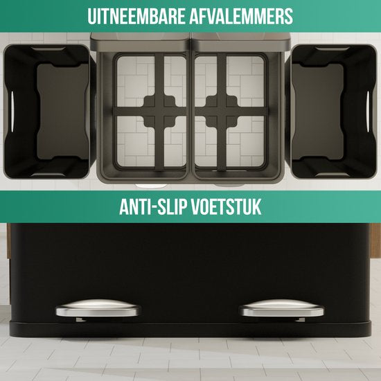 Avalo Trash Bin Waste Separation 60 Liter - Stainless Black - 2 Compartments - Environmentally Conscious, Hygienic & Fingerprint-Free - Pedal bin / Trash can