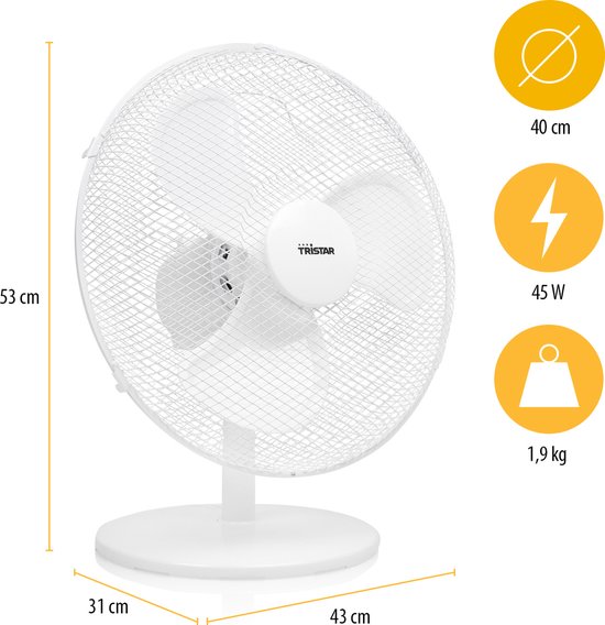 Ventilateur de table 40 cm - 3 vitesses - Oscillation 85° - Tristar VE-5727 - Blanc