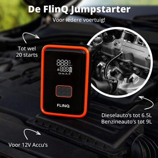 FlinQ 12V Jumpstarter for Car & Motorbike - 4-in-1 Air Compressor, LED Flashlight, SOS Emergency Light & Powerbank - Electric Tyre Pump - Starting Aid - Including Storage Bag