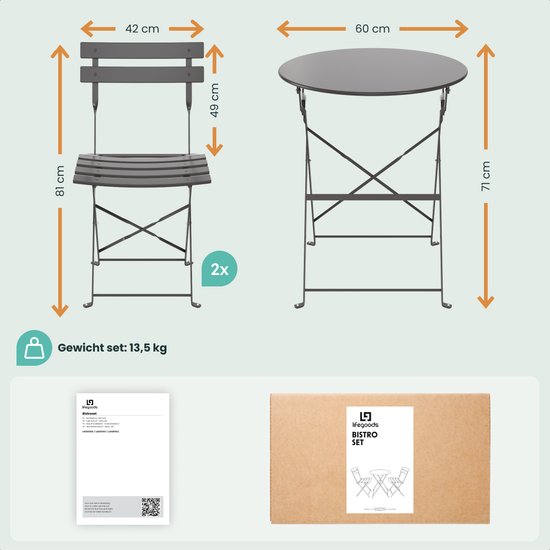LifeGoods Set Bistro - Acier - 3 pièces - Set de jardin - Pliable - Set de balcon avec table - Résistant aux intempéries - Gris foncé