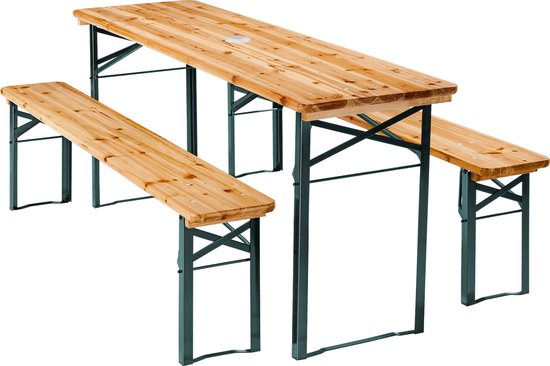 tectake® Ensemble de tentes à bière avec table et 2x bancs à bière, avec porte-parasol - ensemble de tentes à bière, meubles de balcon avec 1x table pliante et 2x bancs à bière, pliant, 170 x 46 x 78 cm, laqué