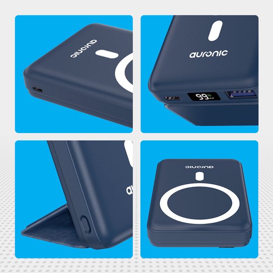 Auronic Powerbank - 10000 mAh - Convient à l'iPhone 12/13/14/15 et MagSafe - 22.5W - Chargement sans fil - Bleu