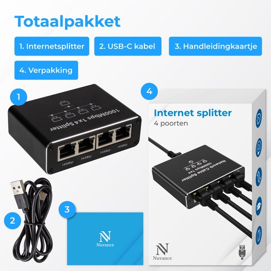 Nuvance Internet Splitter - 4 Ports - Commutateur réseau - jusqu'à 1000Mbps - Répartiteur réseau - RJ45 Cat5 Cat6 LAN UTP Ethernet