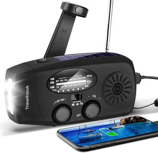 Travelhawk Radio d'urgence - Radio portable - Radio d'urgence solaire rembobinable - Powerbank énergie solaire - 2000 mAh - Lampe de poche - Kit d'urgence - Noir