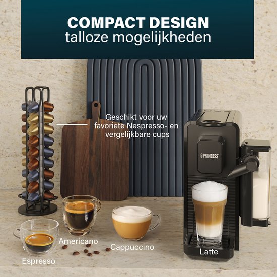 Princess Capsule Coffee Machine with Milk Frother - 249455 - Convient à Nespresso - 20 Bar - Espresso, Cappuccino & Latte - Compact - Automatic Milk System - 1400 W