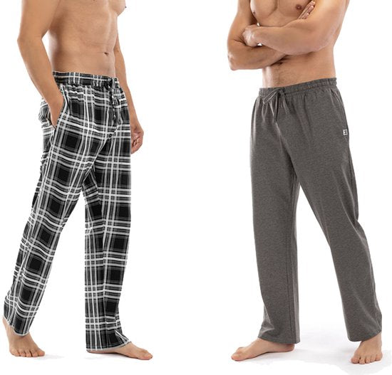 Milanoro - Lot de 2 bas de pyjama en coton pour homme - Anthracite/Noir et blanc à carreaux - XL