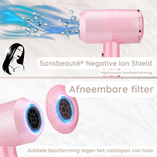 Sansbeauté® Hair Dryer with Diffuser - Ionic Hair Dryer - Brush - Travel Hair Dryer - 3 Attachments - Curls - Coolshot - 3 Stages - Hair Dryer with Diffuser - Hair Dryer - 2000W - Pink
