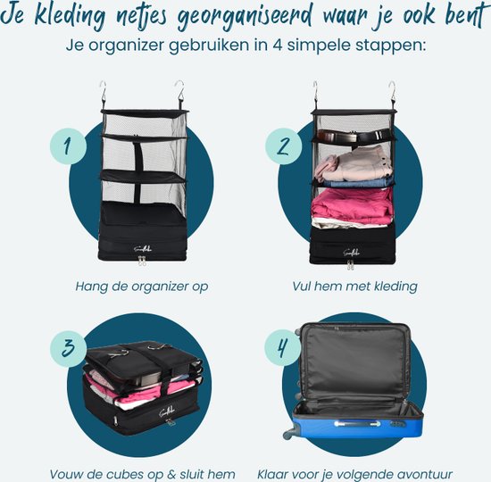 Cubes d'emballage suspendus - pliables - 4 compartiments - Organiseur de valise - Sunflake