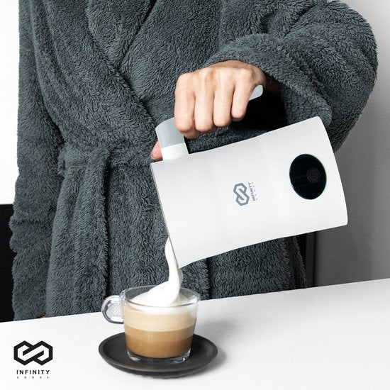 Infinity Goods Mousseur à lait électrique 4 en 1 - 350 ml - Mousse et chauffe - Cappuccino - Lavable au lave-vaisselle - Blanc