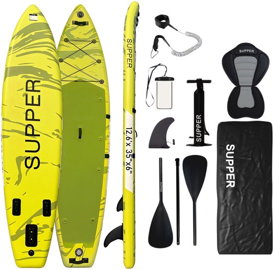 Supper Sup Board XL - Max. 220KG - Gonflable - Planche à pagaie - Pagaie réglable - Etui de téléphone étanche - Pompe - Palmes - Leash - Sac de transport - Touring 381 x 81 cm - Vert lime