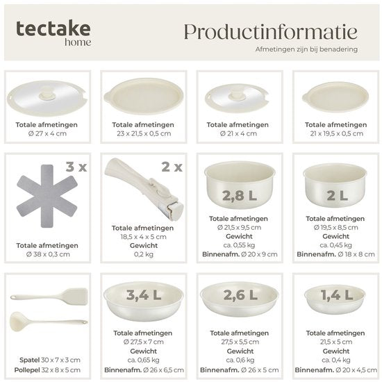 tectake® Ensemble de casseroles modernes 16 pièces - 3 poêles à frire - 2 poêles de cuisson - Convient à l'induction - Comprend des couvercles, des poignées amovibles et des protections - Poêles en aluminium avec revêtement antiadhésif en céramique - Conv