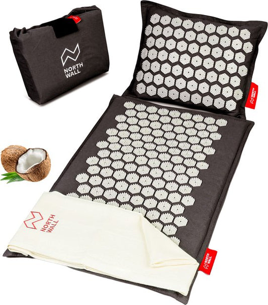 Northwall Nail Mat avec oreiller et sac de transport - Matelas d'acupression avec oreiller pour les ongles - Lit pour les ongles - Acupuncture - Méditation - Massage Shakti - Noir
