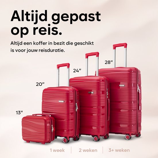 SKYCASES Travelin' Charm 4-Piece Trolley Set - Hand Luggage & Check-in Suitcases - 32L/60L/98L - Number Lock - 360° Noiseless Wheels - Lightweight & Sturdy - Modern Design - Rouge