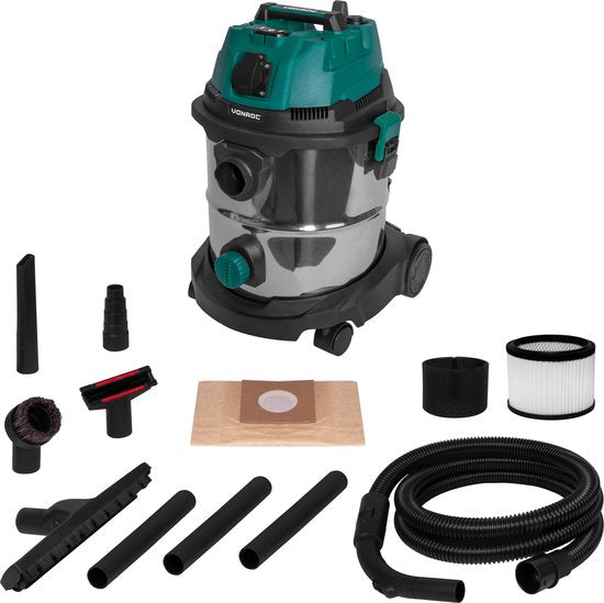 VONROC Aspirateur eau et poussière / Aspirateur - 1400W - Mise en marche automatique - Fonction soufflage - Réservoir inox 20L - Flexible 3m - Câble d'alimentation 6m