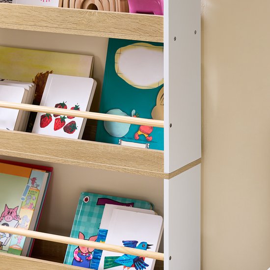 SoBuy KMB121-WN Bibliothèque pour enfants, 4 niveaux, meubles, jouets, bibliothèque, meuble de rangement, étagère, chambre, blanc/naturel, 60 x 15 x 130,5 cm