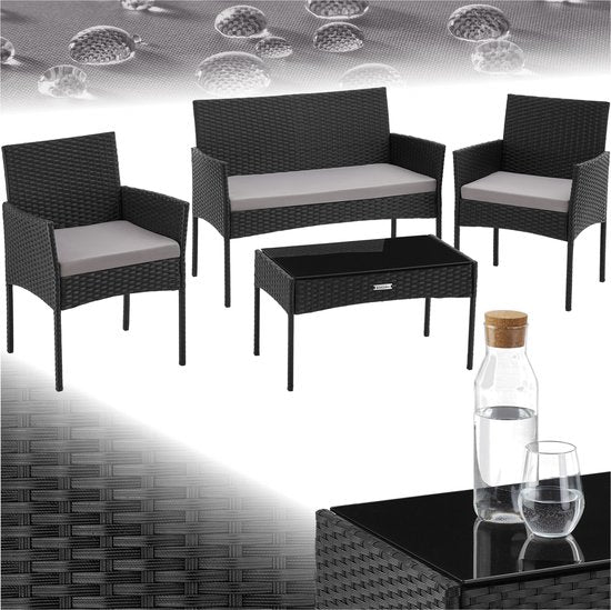tectake® - Ensemble de jardin en osier Palese - Groupe de sièges pour 4 personnes - Ensemble de meubles de jardin avec banc de salon, table de jardin et 2 chaises de jardin, y compris les coussins d'assise - Meubles de jardin - Résistant à l'eau - Noir