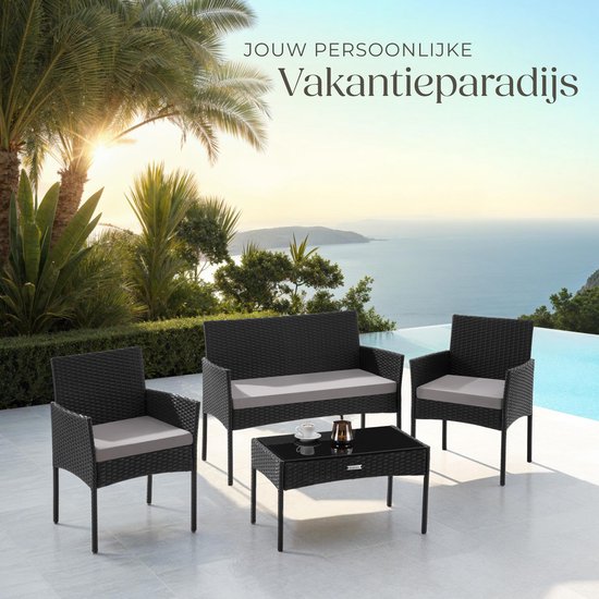 tectake® - Ensemble de jardin en osier Palese - Groupe de sièges pour 4 personnes - Ensemble de meubles de jardin avec banc de salon, table de jardin et 2 chaises de jardin, y compris les coussins d'assise - Meubles de jardin - Résistant à l'eau - Noir