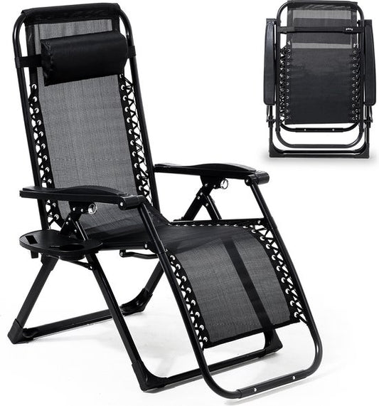 Chaise longue pliante Goliving - 3 pieds - 110 x 66 x 178 cm - Chaise de jardin réglable avec table - Chaise de camping pliante - Chaise longue d'extérieur - Chaise pliante de jardin - Noir