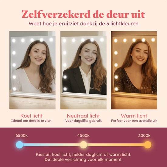 Fraay® Hollywood Mirror with Lighting 60x50cm - 3 Light modes - Make-up Mirror with 10x Magnification Mirror - LED Dots Lighting Dimmable - Incl. 2 Beauty Blenders and Powder puff