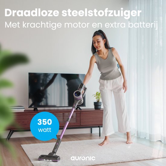 Auronic Stick hoover - Sans fil - Sans sac - Sur batterie - Autonome - 350W - Batterie supplémentaire - Aspirateur - Gris/Pourpre