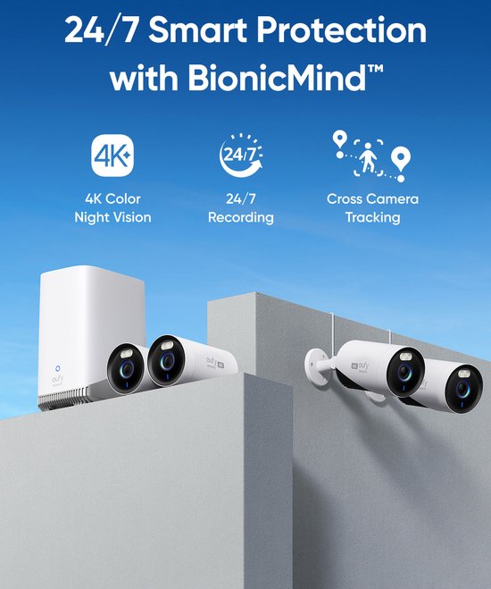 eufy Security E330 Outdoor Cameras, 4 Pack with HomeBase 3 - Ensemble de caméras extérieures - résolution 4K Ultra HD, enregistrement 24/7, couverture wifi de 464 m², reconnaissance faciale AI, caméras de sécurité extérieures filaires