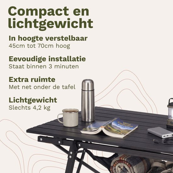 TRVLMORE Table de camping réglable - 90x52x71cm - Table pliante avec structure en aluminium - Légère - Table de camping - Table pliante - Noire