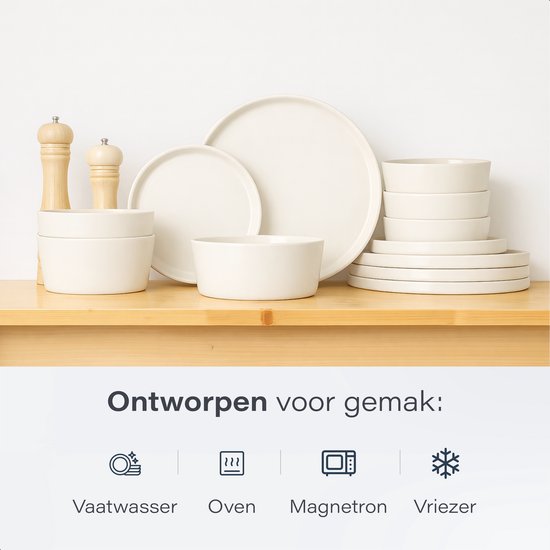 Service de vaisselle Luft 6 personnes - Service d'assiettes de restaurant - Bols - Assiettes plates - Moderne - Faïence massive, céramique - Crème/beige/blanc - 18 pièces