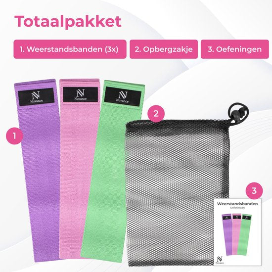 Nuvance - Resistance Bands Set Including Carrying Bag - 3 Piece Set - Resistance Band - Fitness Elastic - eBook with additional exercises - Green Pink and Purple