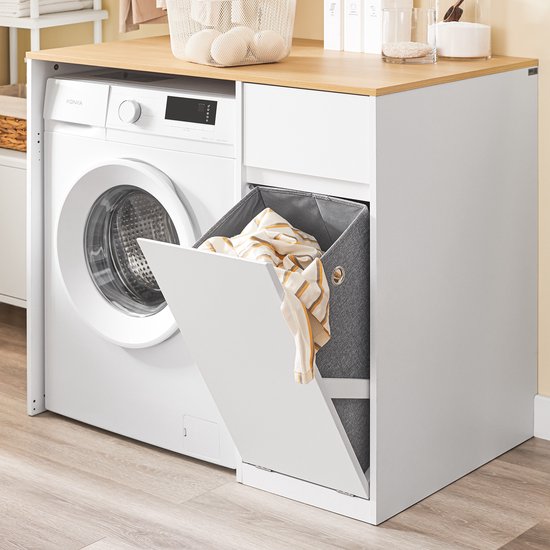 SoBuy Armoire pour lave-linge - armoire de salle de bain avec panier à linge et tiroir, pour lave-linge et sèche-linge, armoire pour lave-linge en bois, blanc, 100 x 60 x 90 cm, BZR217-WN
