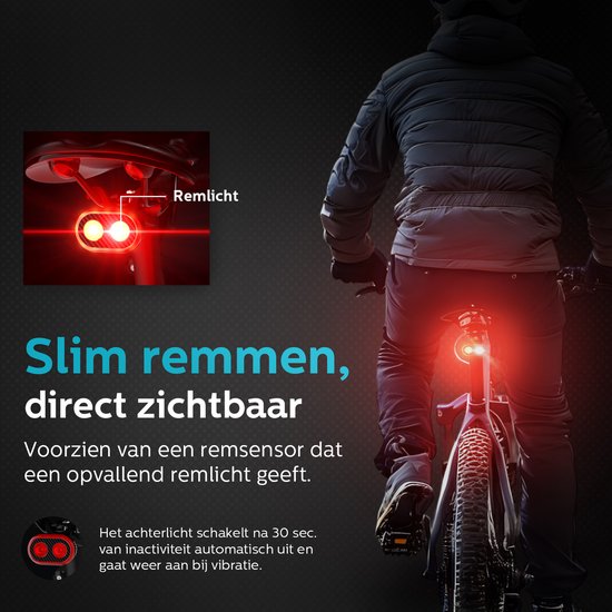 Inlustro Smart Bicycle Light Set - Feu arrière avec capteur de freinage / montage sur la selle - Feux de vélo LED rouge et blanc - Feu avant de vélo - rechargeable par USB / étanche