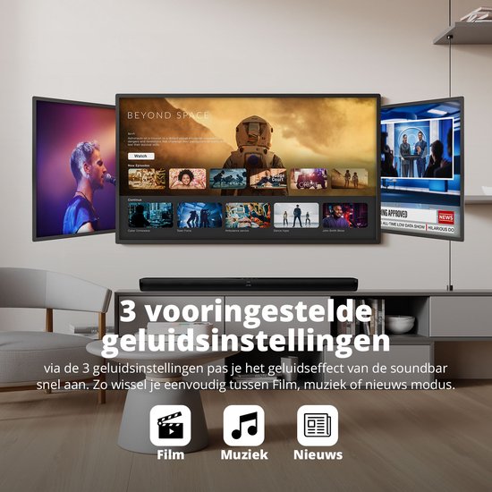 FlinQ Bluetooth Soundbar avec Subwoofer intégré - Barres de son pour TV - tout en un - Son surround 3D - Avec télécommande - Mode Film/Musique/Nouvelles - Noir