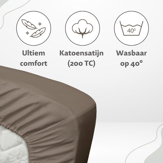 Ten Cate - Drap-housse 160x200 - Drap-housse 160x200 - Convient pour sur-matelas 160 x 200 - Satin de coton - Sur-matelas 160x200 - Hauteur d'angle 10 cm - Taupe