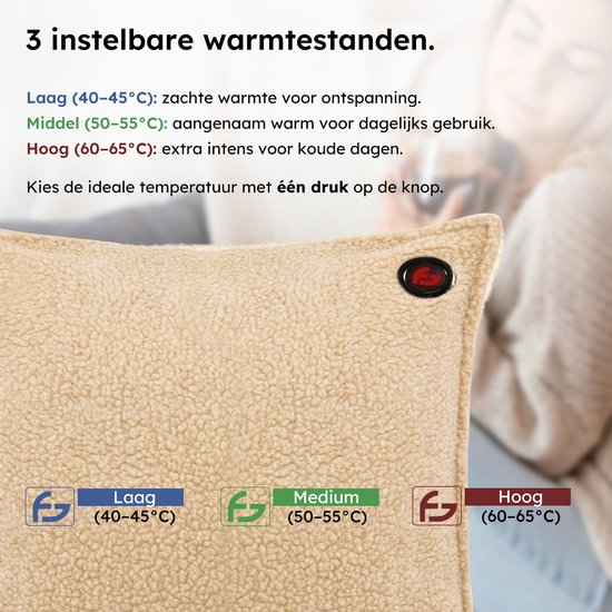 Coussin chauffant - 3 niveaux de chaleur - Coussin chauffant rechargeable - 10k mAh - Sans fil - Coussin chauffant - 40x40 cm - Teddy Beige - Saaf Comfort