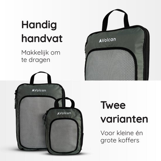 Cubes de compression Volcan - Organiseur de valise - Lot de 4 - Avec fermetures à glissière de compression - Pour sac à dos et valise - Vert botanique