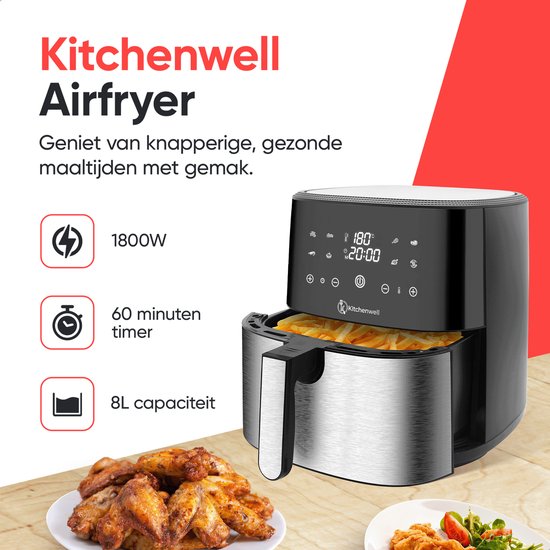 Kitchenwell AirFryer - Friteuse à air chaud - Capacité 8L - 80-200℃ - Minuteur - 1800W - Noir