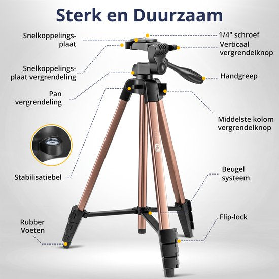 Studio ME Phone Tripod - 136 cm - Tripod Smartphone - Rose Gold - Camera Tripod - Phone Holder - Incl. Bluetooth Remote Control - Tripod Phone