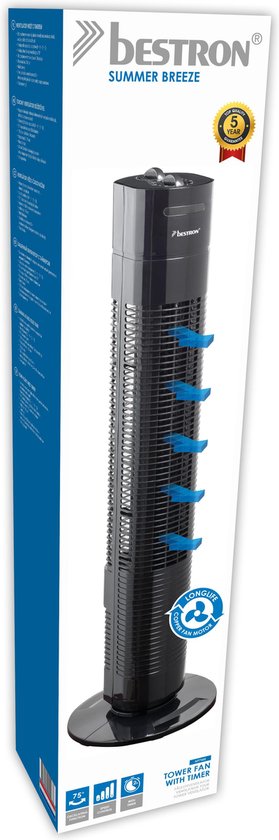 Bestron Ventilateur de tour, Ventilateur avec 3 vitesses et fonction de rotation de 75°, minuterie incluse, hauteur : 78 cm, 35W, AFT760Z, couleur : noir