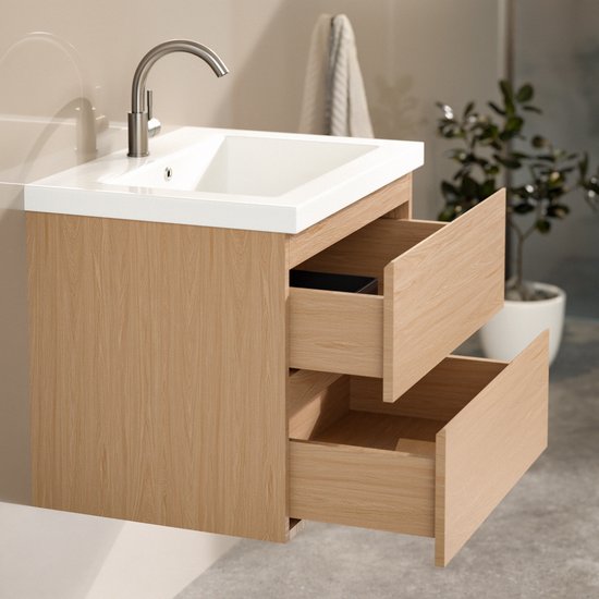 Mirlux Meuble de salle de bains Chêne clair 60 cm - Lavabo Blanc - Ensemble de meubles de salle de bains - Meuble lavabo Chêne clair